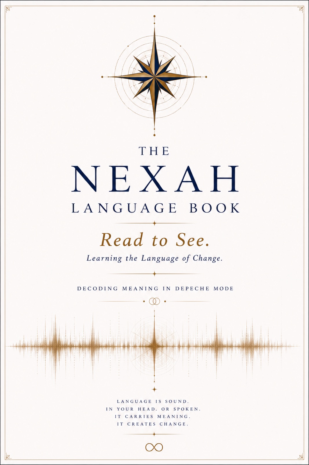 White and gold cover of The NEXAH Language Book with a compass and sound field.