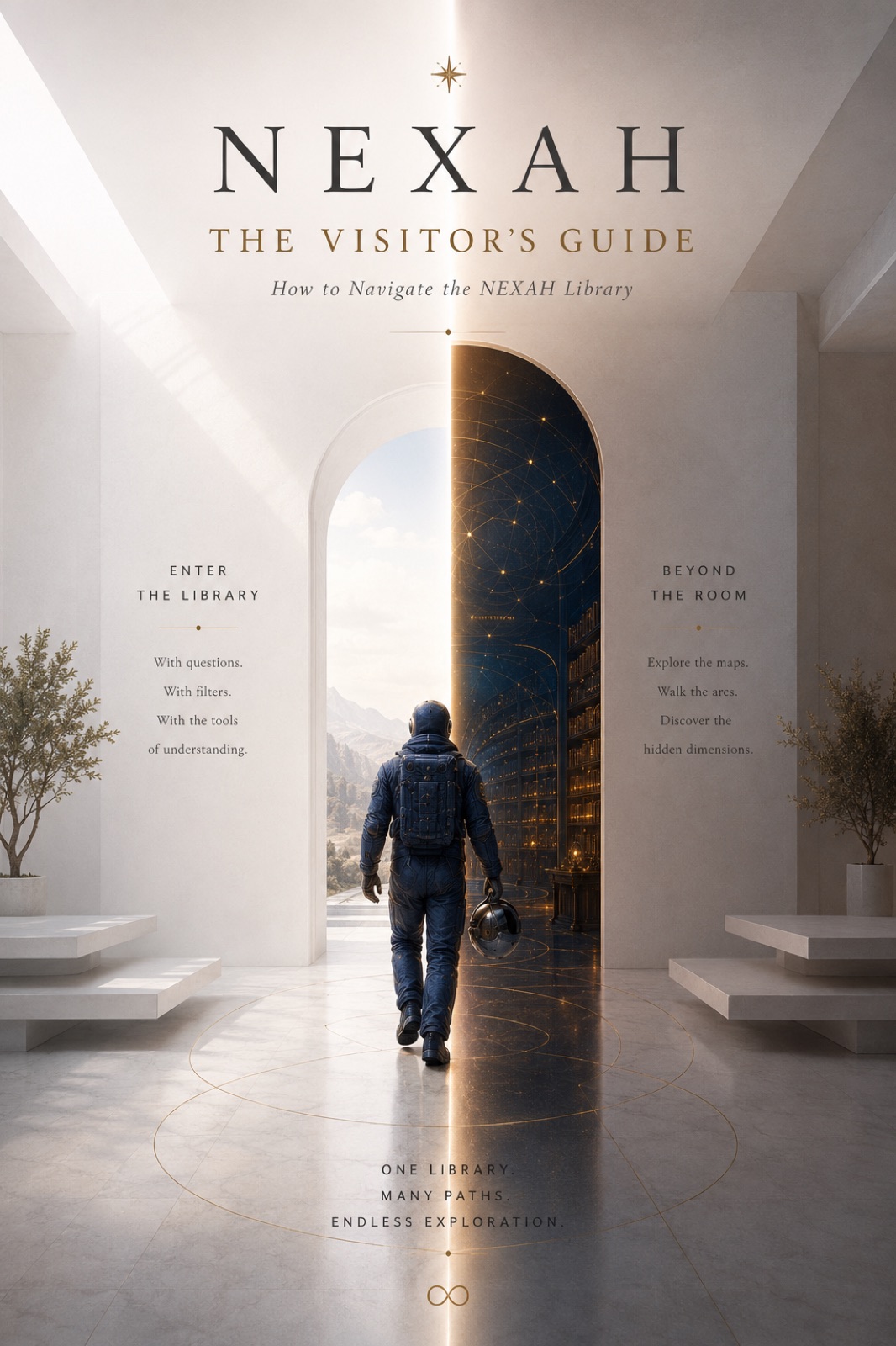 Cover of NEXAH The Visitor’s Guide showing a traveler entering a divided doorway.